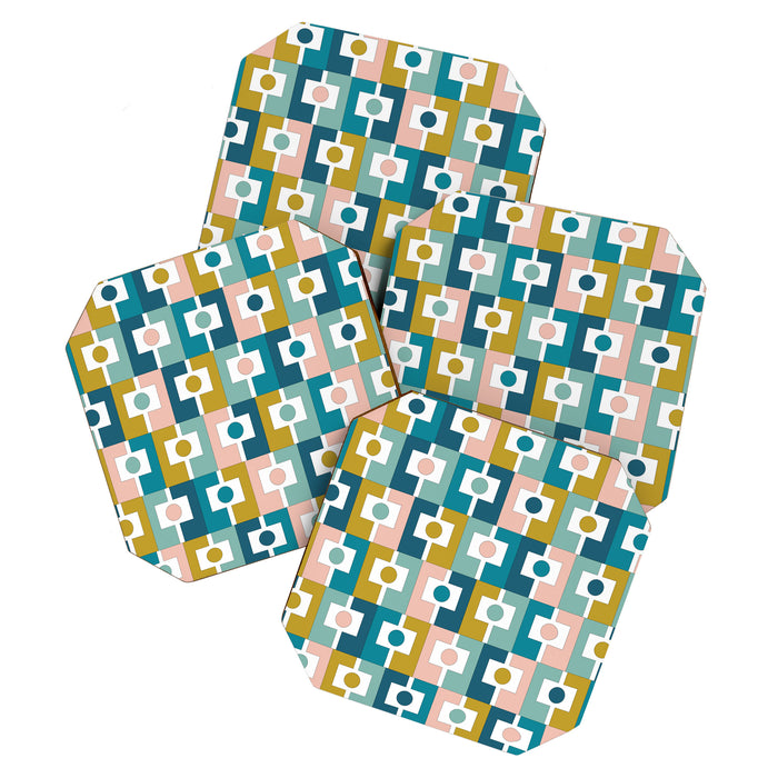 Mid Century Modern Rektangel Geometric Pattern Blue Mustard Blush White Coaster Gallery Image 1