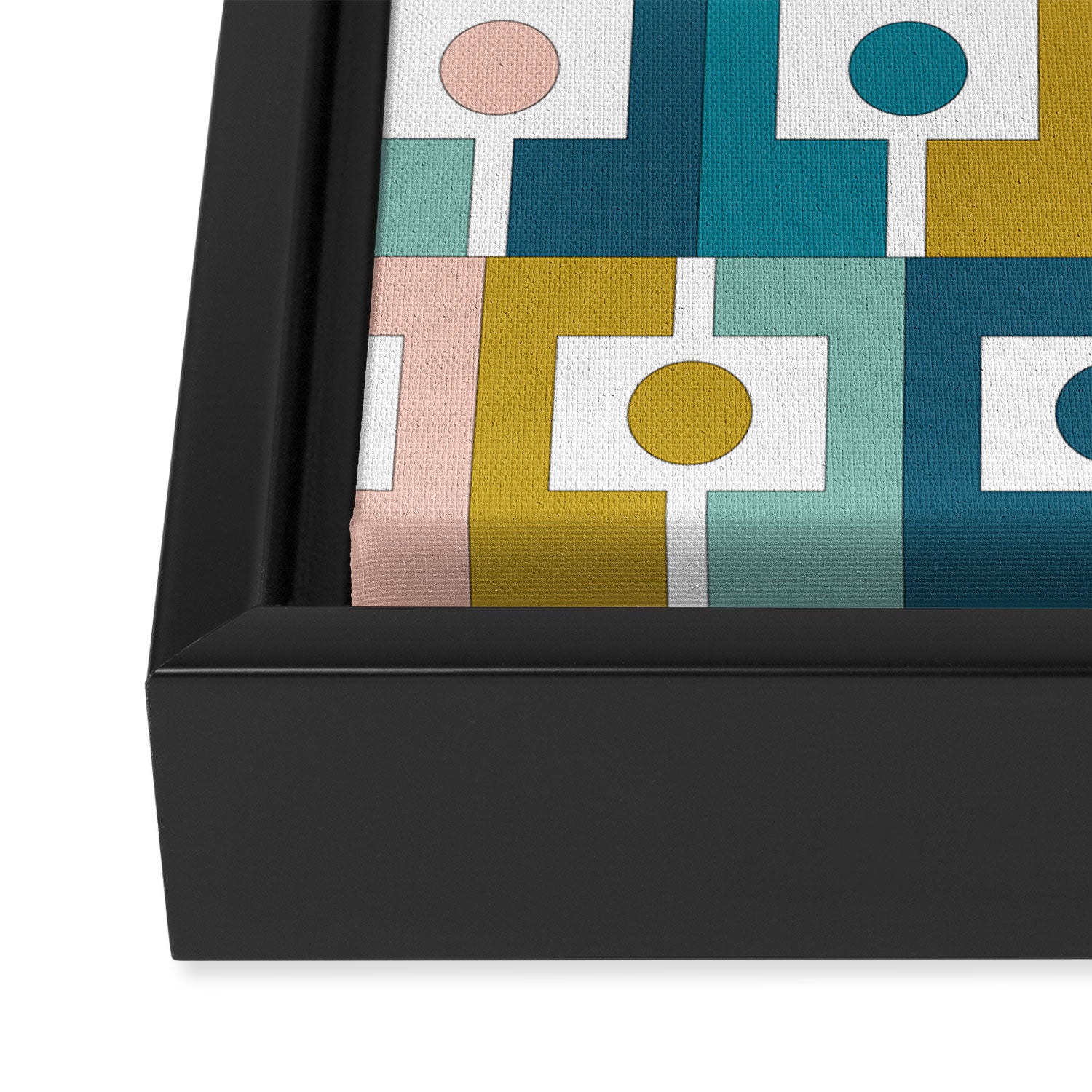 Mid Century Modern Rektangel Geometric Pattern Blue Mustard Blush White Framed Canvas Print Gallery Image 3