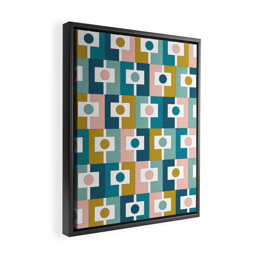 Mid Century Modern Rektangel Geometric Pattern Blue Mustard Blush White Framed Canvas Print Gallery Image 2
