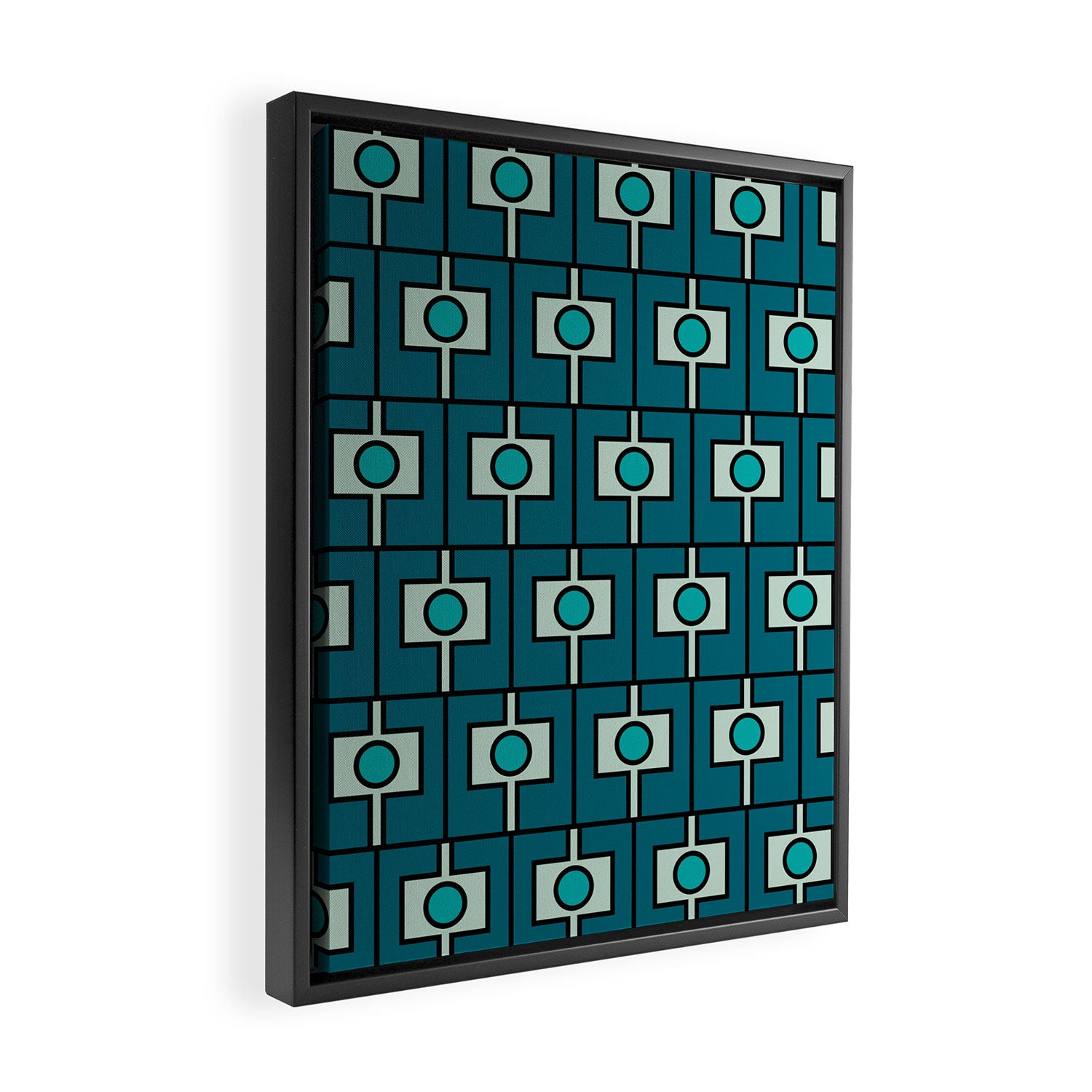 Mid Century Modern Rektangel Geometric Pattern in Teal Blue and Turquoise Framed Canvas Print Gallery Image 2