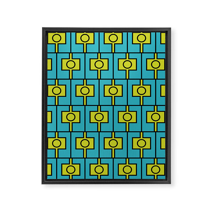 Mid Century Modern Rektangel Geometric Pattern in Turquoise and Lime Framed Canvas Print Gallery Image 1