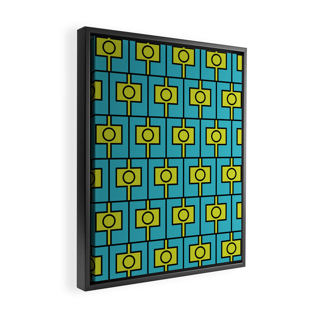 Mid Century Modern Rektangel Geometric Pattern in Turquoise and Lime Framed Canvas Print Gallery Image 2