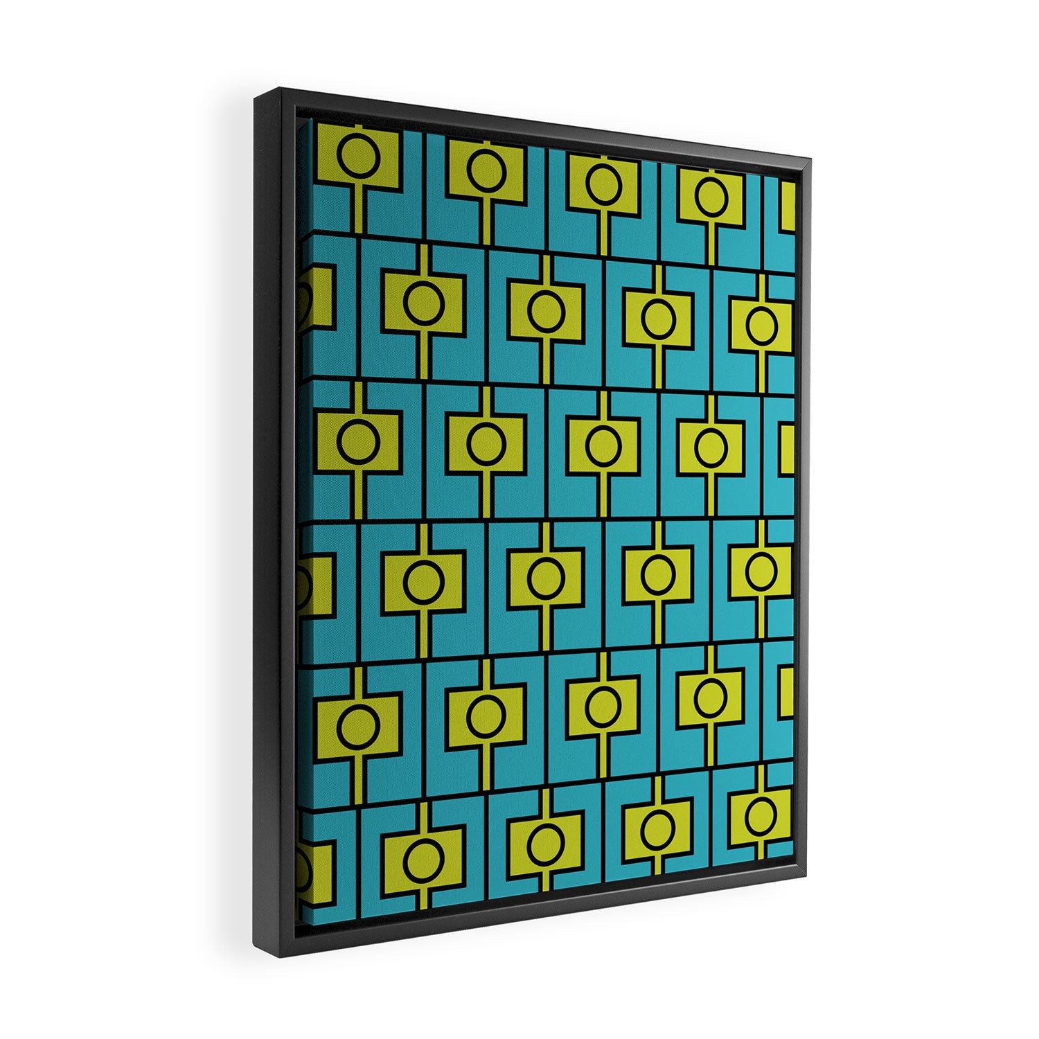 Mid Century Modern Rektangel Geometric Pattern in Turquoise and Lime Framed Canvas Print Gallery Image 2