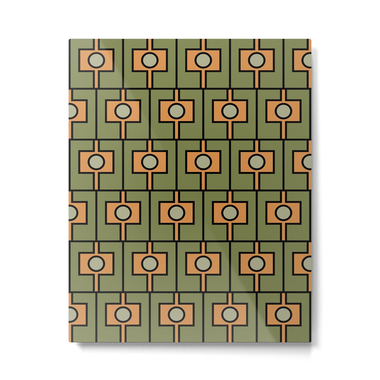 Mid Century Modern Rektangel Geometric Pattern in Vintage Green and Cantaloupe Orange Metal Print Gallery Image 6