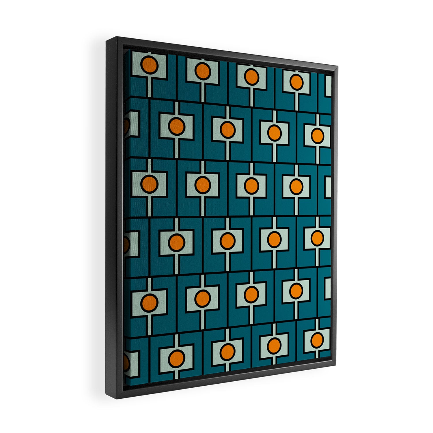 Mid Century Modern Rektangel Geometric Pattern Teal Blue and Orange Framed Canvas Print Gallery Image 2