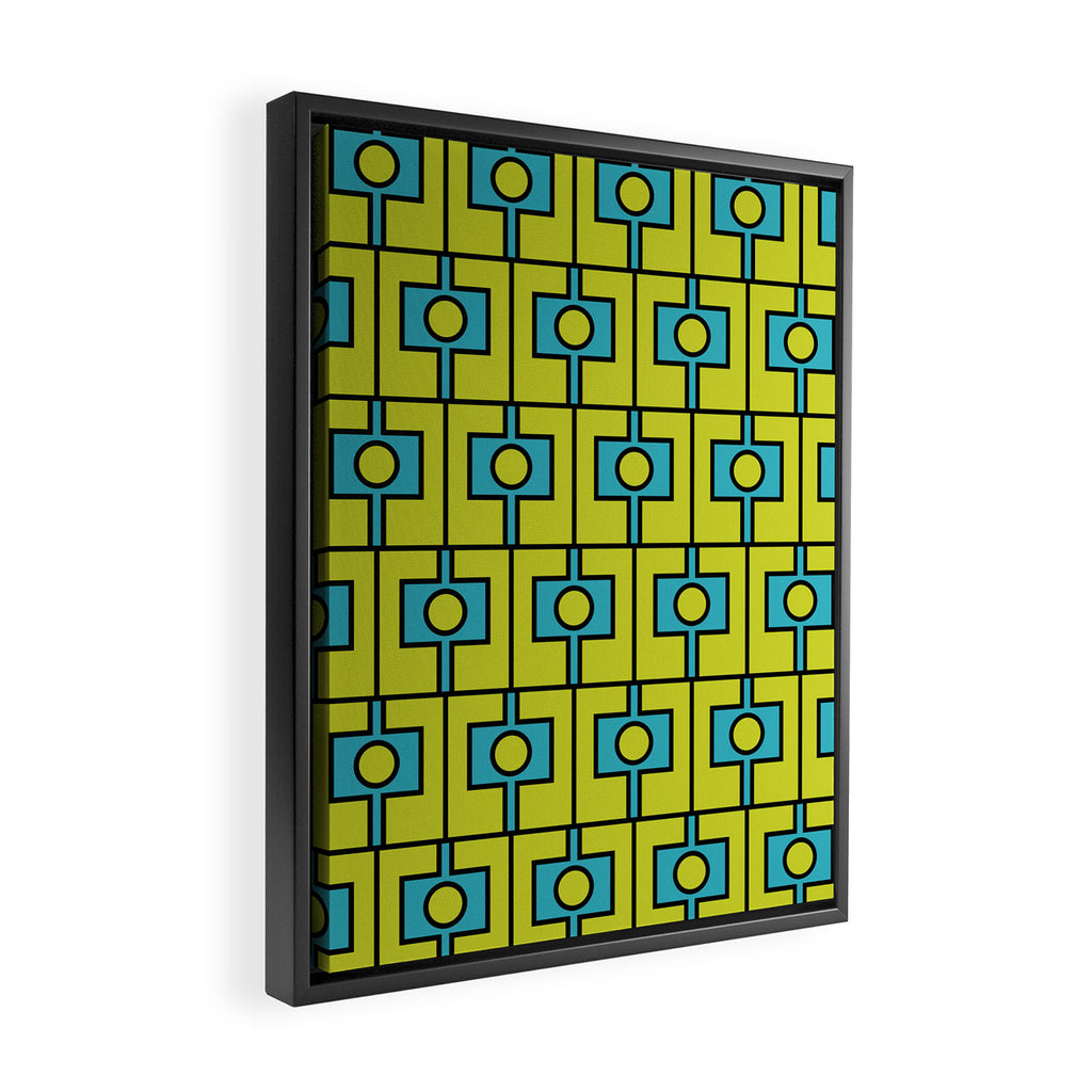 Mid Century Modern Rektangel Geometric Pattern Turquoise Lime Framed Canvas Print Gallery Image 2