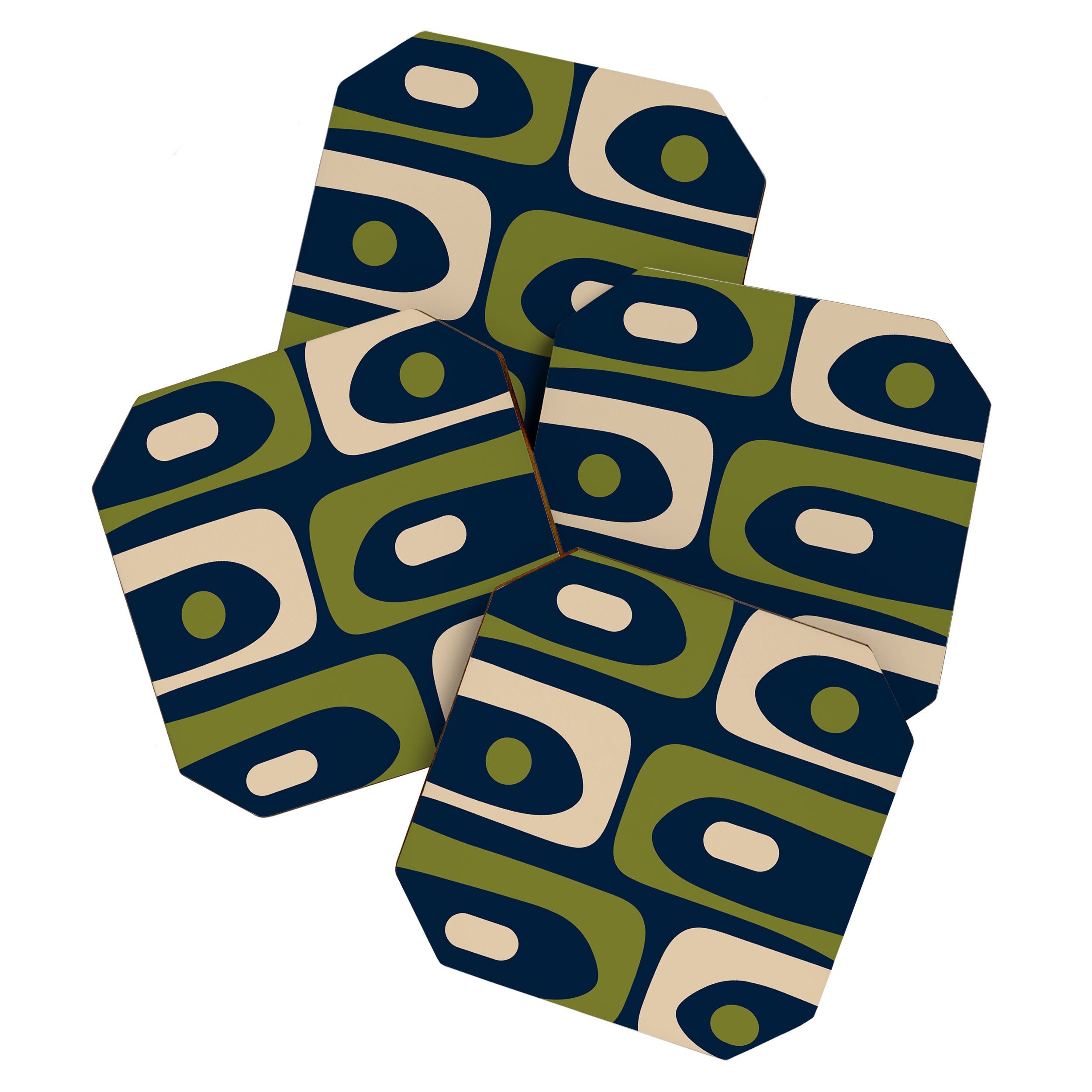 Mid Century Modern Retro Abstract Minimalist Piquet Pattern in Navy Blue and Olive Green Coaster Gallery Image 1
