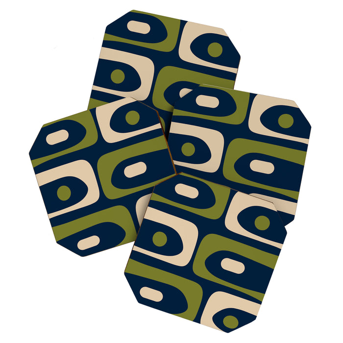 Mid Century Modern Retro Abstract Minimalist Piquet Pattern in Navy Blue and Olive Green Coaster Gallery Image 1