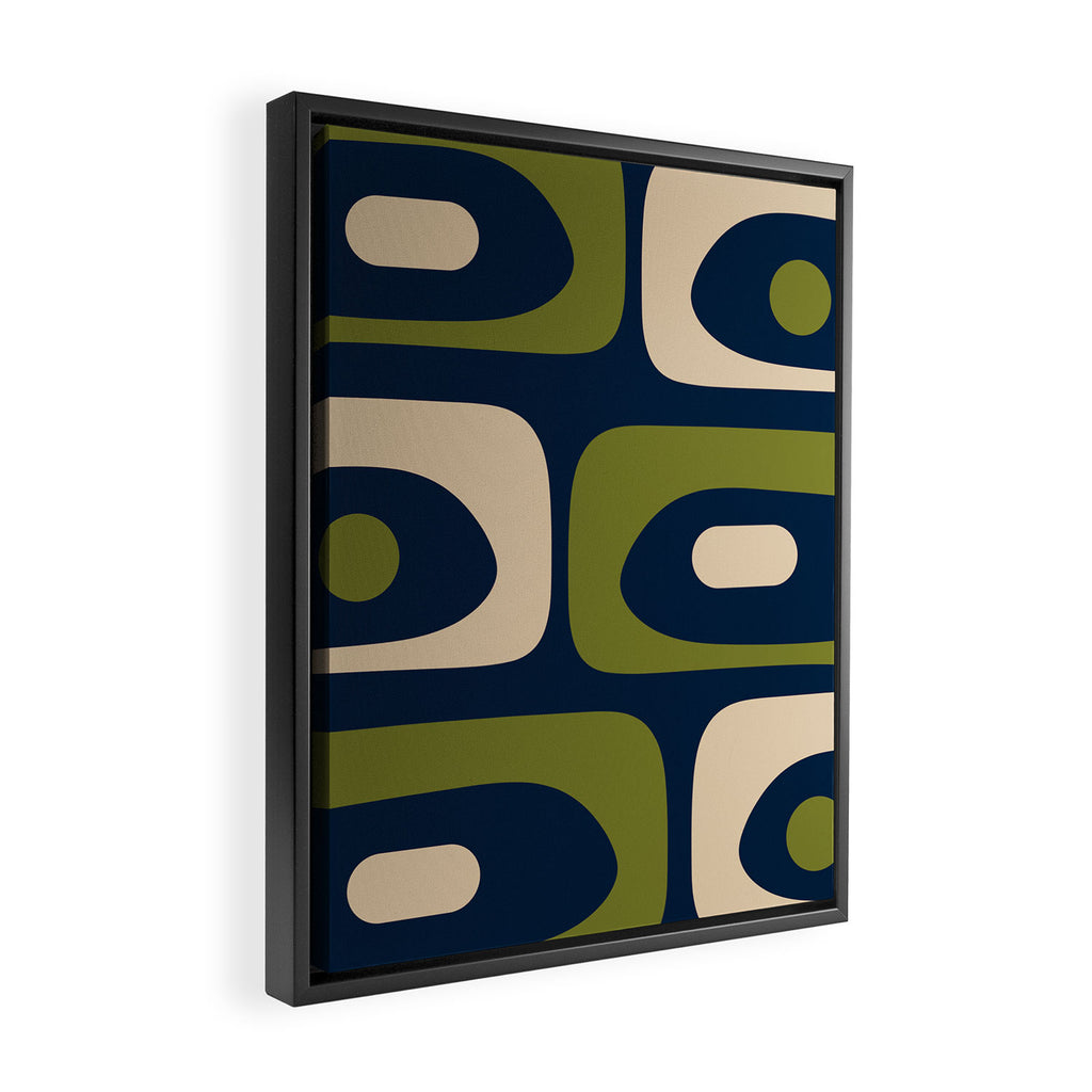 Mid Century Modern Retro Abstract Minimalist Piquet Pattern in Navy Blue and Olive Green Framed Canvas Print Gallery Image 2