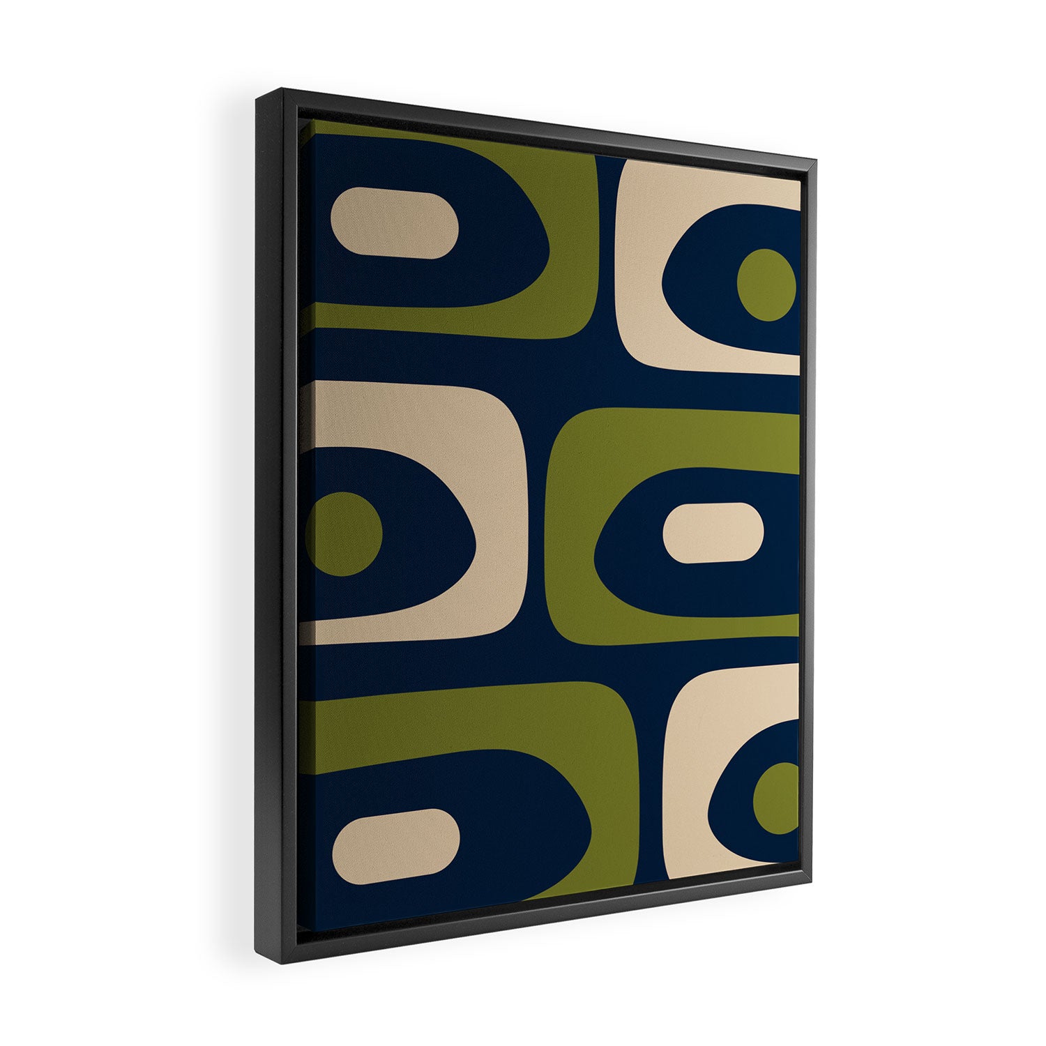 Mid Century Modern Retro Abstract Minimalist Piquet Pattern in Navy Blue and Olive Green Framed Canvas Print Gallery Image 2