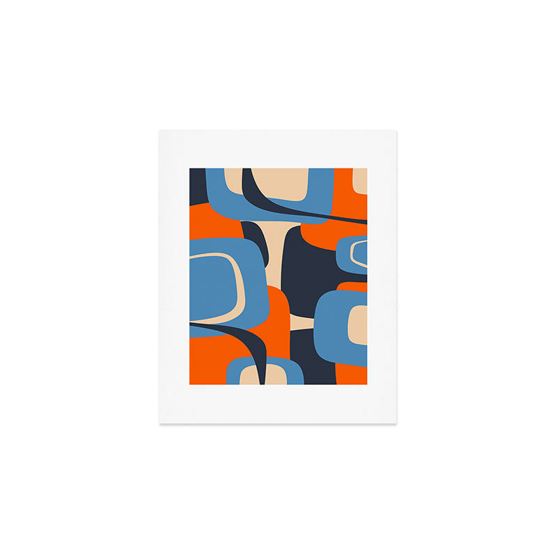 Mid Century Modern Retro Abstract Pattern in Blue and Orange Art Print Gallery Image 1