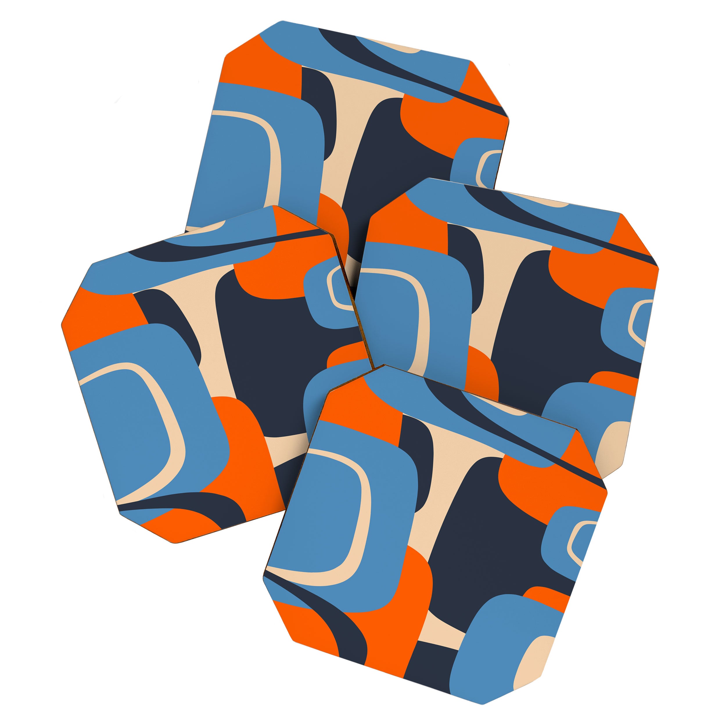 Mid Century Modern Retro Abstract Pattern in Blue and Orange Coaster Gallery Image 1