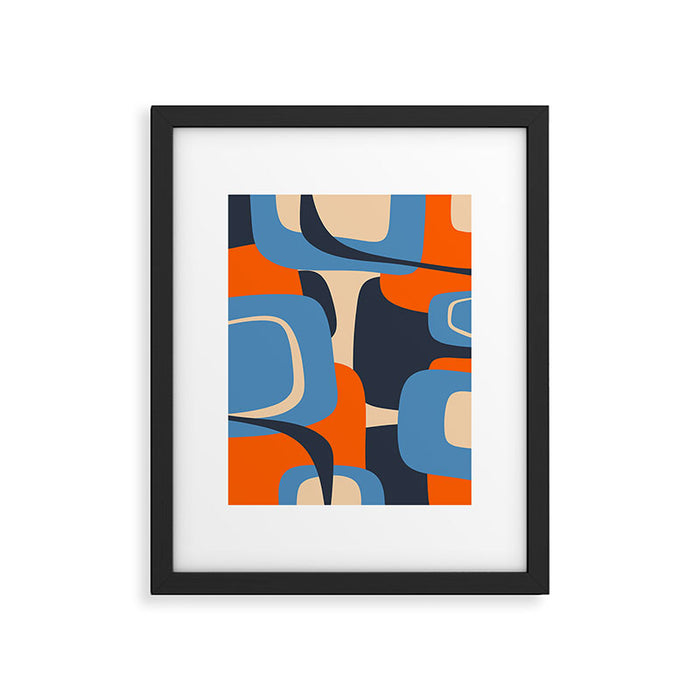 Mid Century Modern Retro Abstract Pattern in Blue and Orange Framed Art Print Gallery Image 1