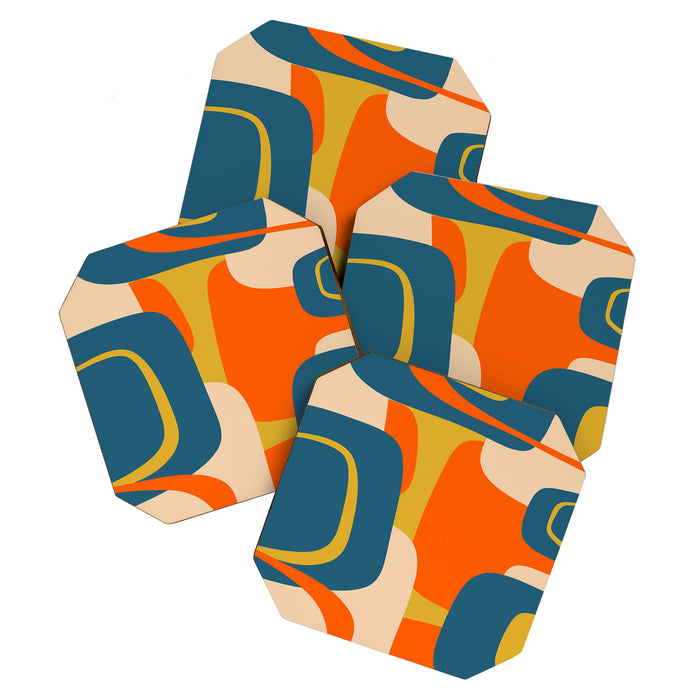 Mid Century Modern Retro Abstract Pattern Orange Blue Mustard Coaster Gallery Image 1