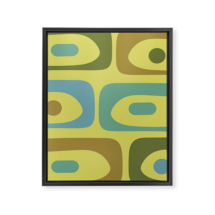 Mid Century Modern Retro Abstract Piquet Pattern in Guacamole Green and Blue Tones Framed Canvas Print Gallery Image 1