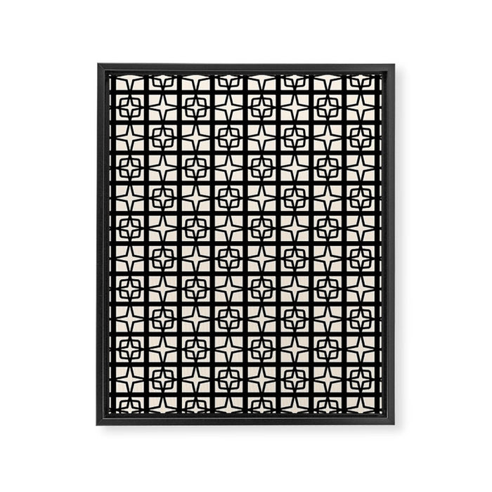 Mid Century Modern Retro Atomic Star Tiles Geometric Pattern Black and Almond Cream Framed Canvas Print Gallery Image 1
