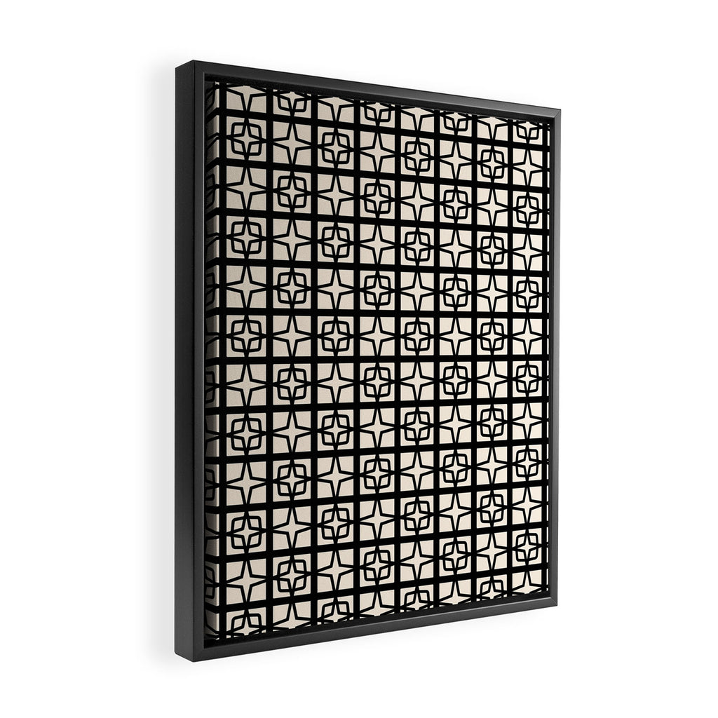Mid Century Modern Retro Atomic Star Tiles Geometric Pattern Black and Almond Cream Framed Canvas Print Gallery Image 2