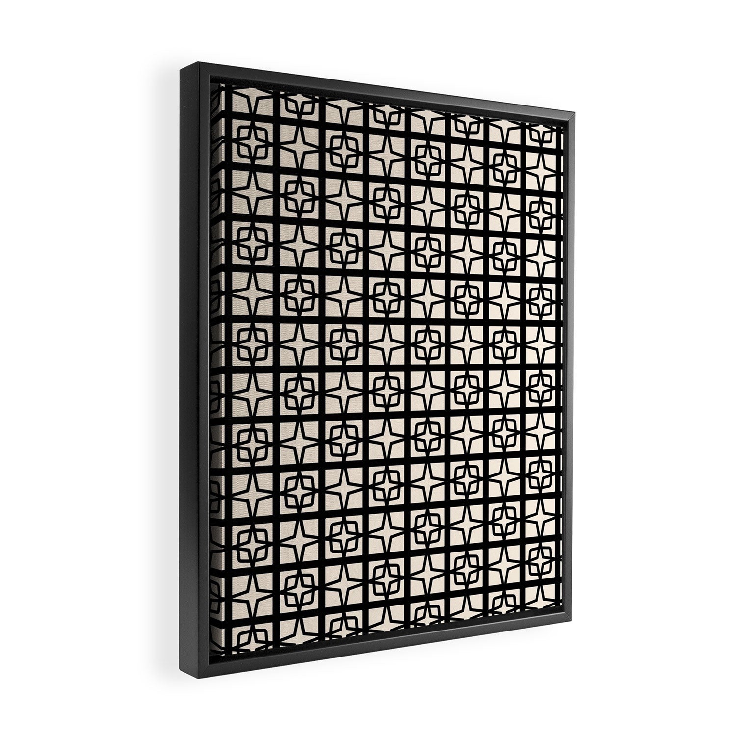 Mid Century Modern Retro Atomic Star Tiles Geometric Pattern Black and Almond Cream Framed Canvas Print Gallery Image 2