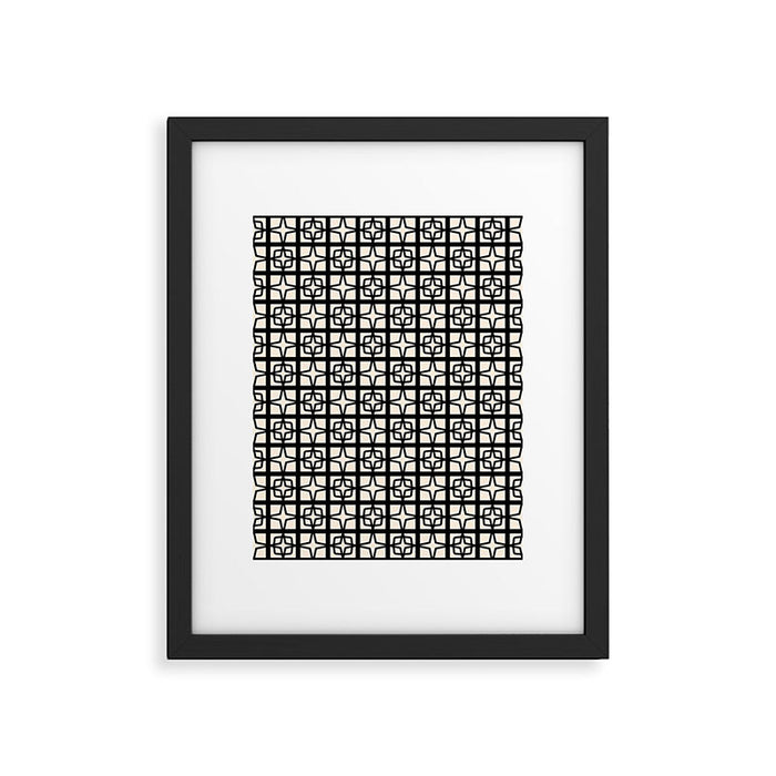 Mid Century Modern Retro Atomic Star Tiles Geometric Pattern Black and Almond Cream Framed Art Print Gallery Image 1