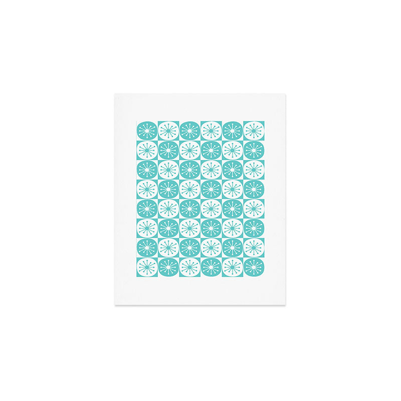 Mid Century Modern Retro Checkered Atomic Dots Pattern in Medium Turquoise and White Art Print Gallery Image 1