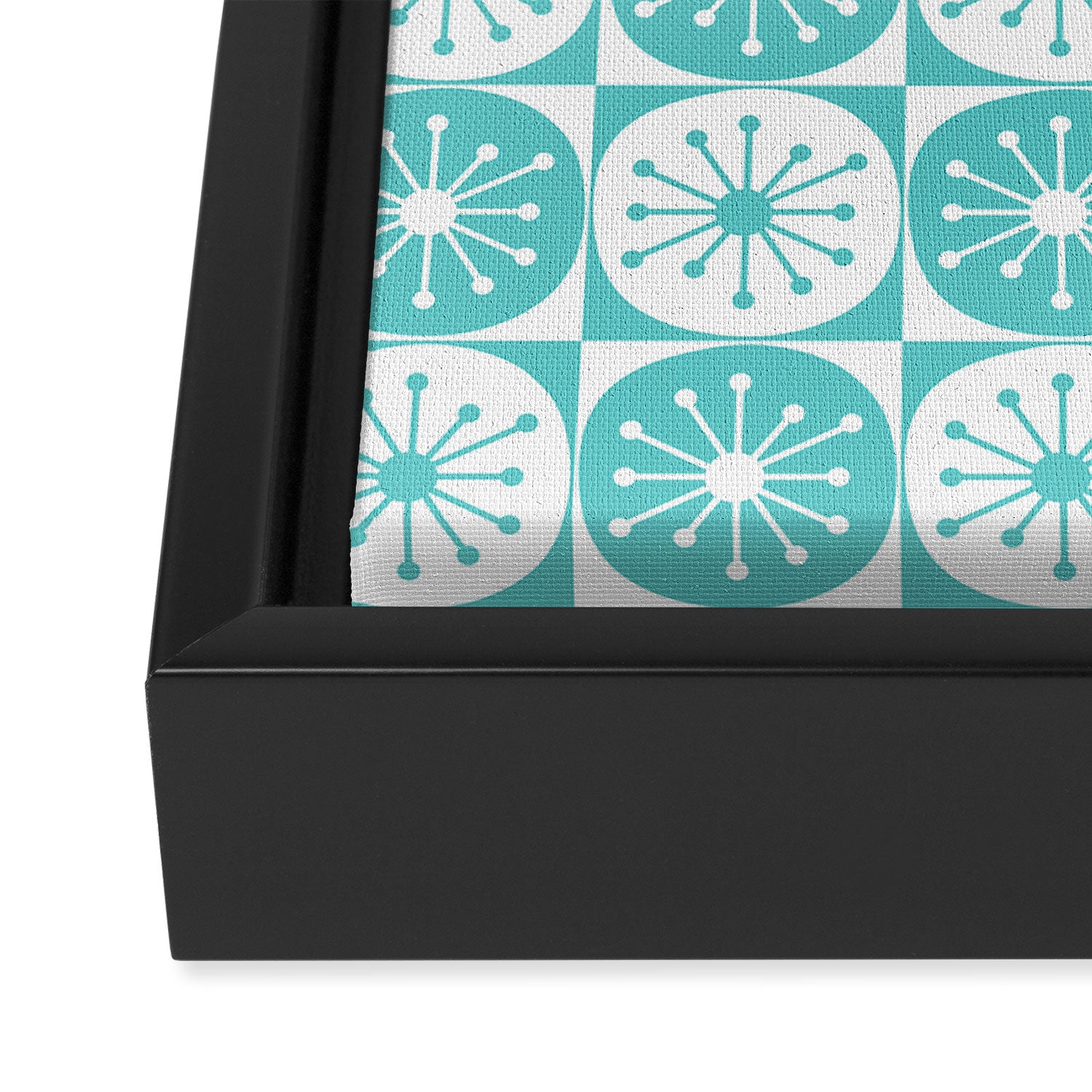 Mid Century Modern Retro Checkered Atomic Dots Pattern in Medium Turquoise and White Framed Canvas Print Gallery Image 3