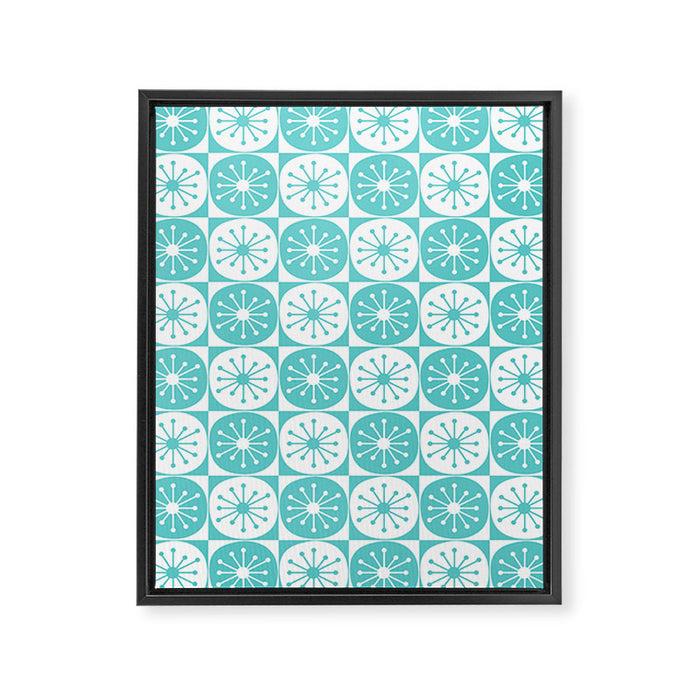 Mid Century Modern Retro Checkered Atomic Dots Pattern in Medium Turquoise and White Framed Canvas Print Gallery Image 1