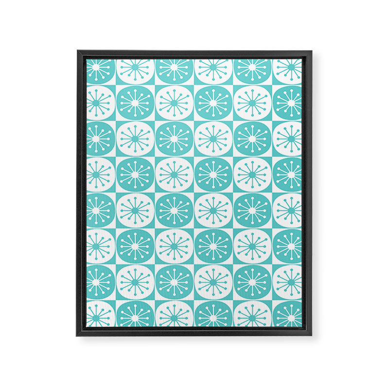 Mid Century Modern Retro Checkered Atomic Dots Pattern in Medium Turquoise and White Framed Canvas Print Gallery Image 8
