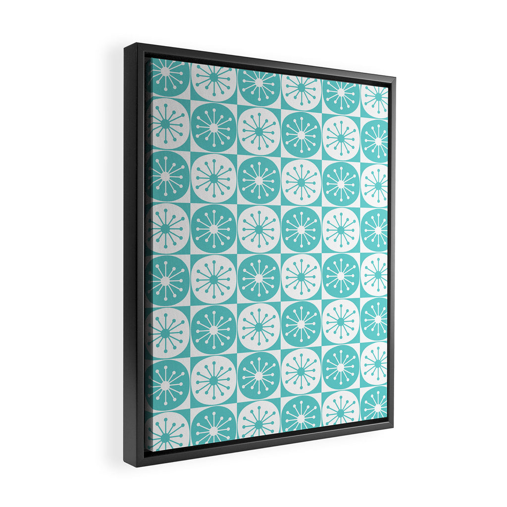 Mid Century Modern Retro Checkered Atomic Dots Pattern in Medium Turquoise and White Framed Canvas Print Gallery Image 2