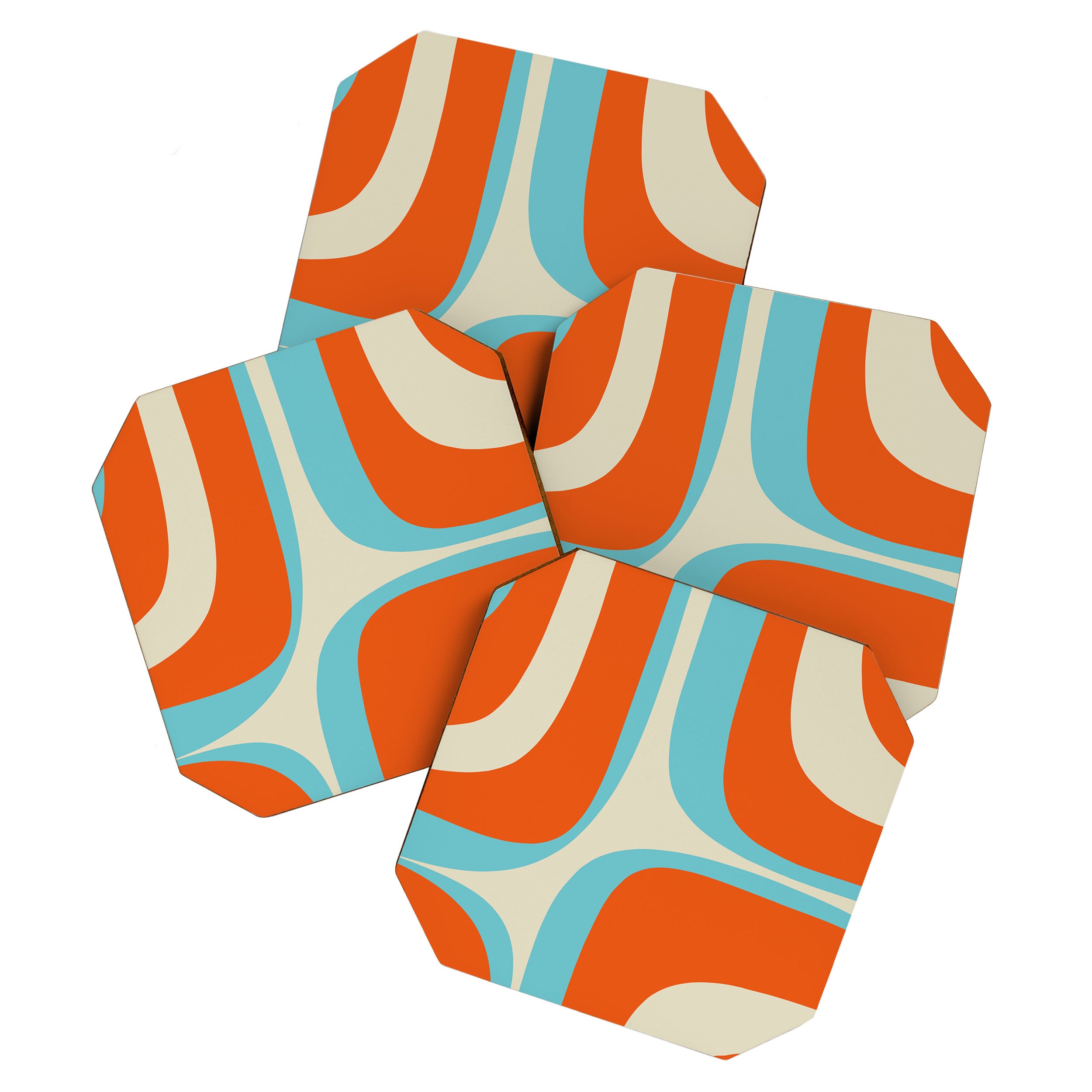 Mid Century Modern Retro Groove Modernist Abstract Pattern in Orange Blue Beige Coaster Gallery Image 1