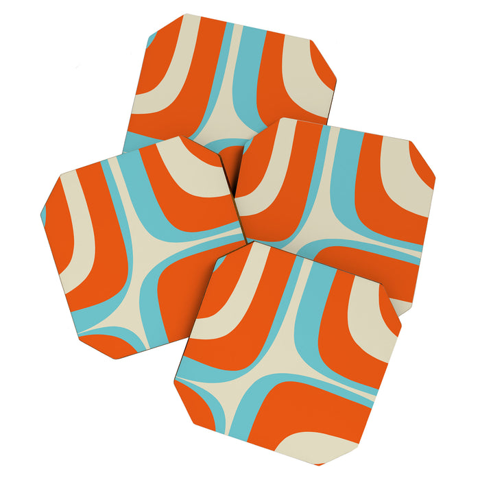 Mid Century Modern Retro Groove Modernist Abstract Pattern in Orange Blue Beige Coaster Gallery Image 1