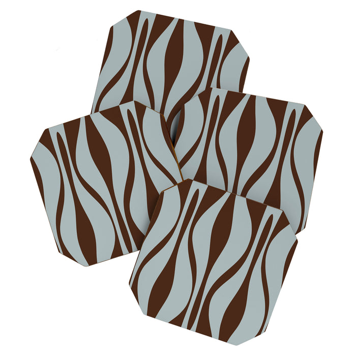 Mid Century Modern Retro Lounge Minimal Ogee Pattern in Light Blue-Gray and Dark Brown Coaster Gallery Image 1