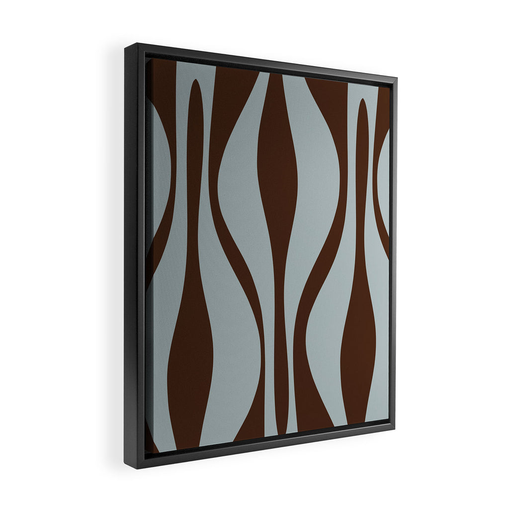 Mid Century Modern Retro Lounge Minimal Ogee Pattern in Light Blue-Gray and Dark Brown Framed Canvas Print Gallery Image 2