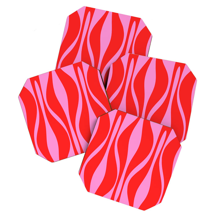 Mid Century Modern Retro Lounge Ogee Pattern in Preppy Pink and Red Coaster Gallery Image 1
