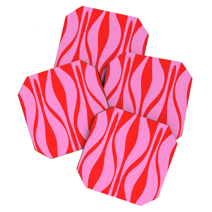 Mid Century Modern Retro Lounge Ogee Pattern Preppy Pink and Red Coaster Gallery Image 1