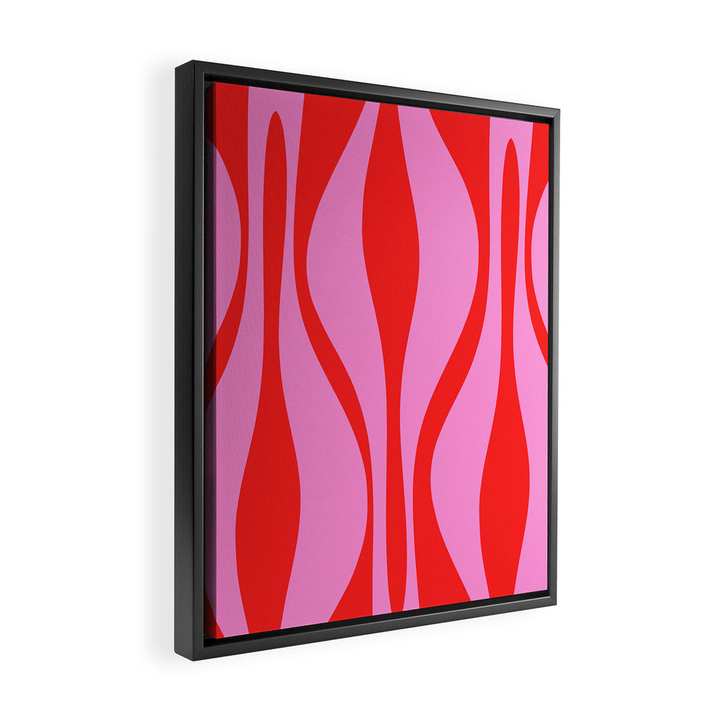 Mid Century Modern Retro Lounge Ogee Pattern Preppy Pink and Red Framed Canvas Print Gallery Image 2