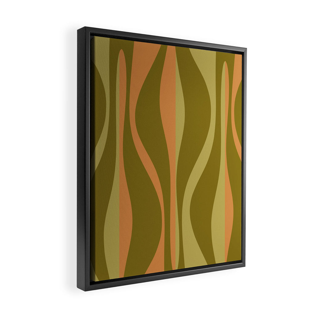Mid Century Modern Retro Lounge Striped Ogee Pattern Avocado Green and Cantaloupe Orange Framed Canvas Print Gallery Image 2