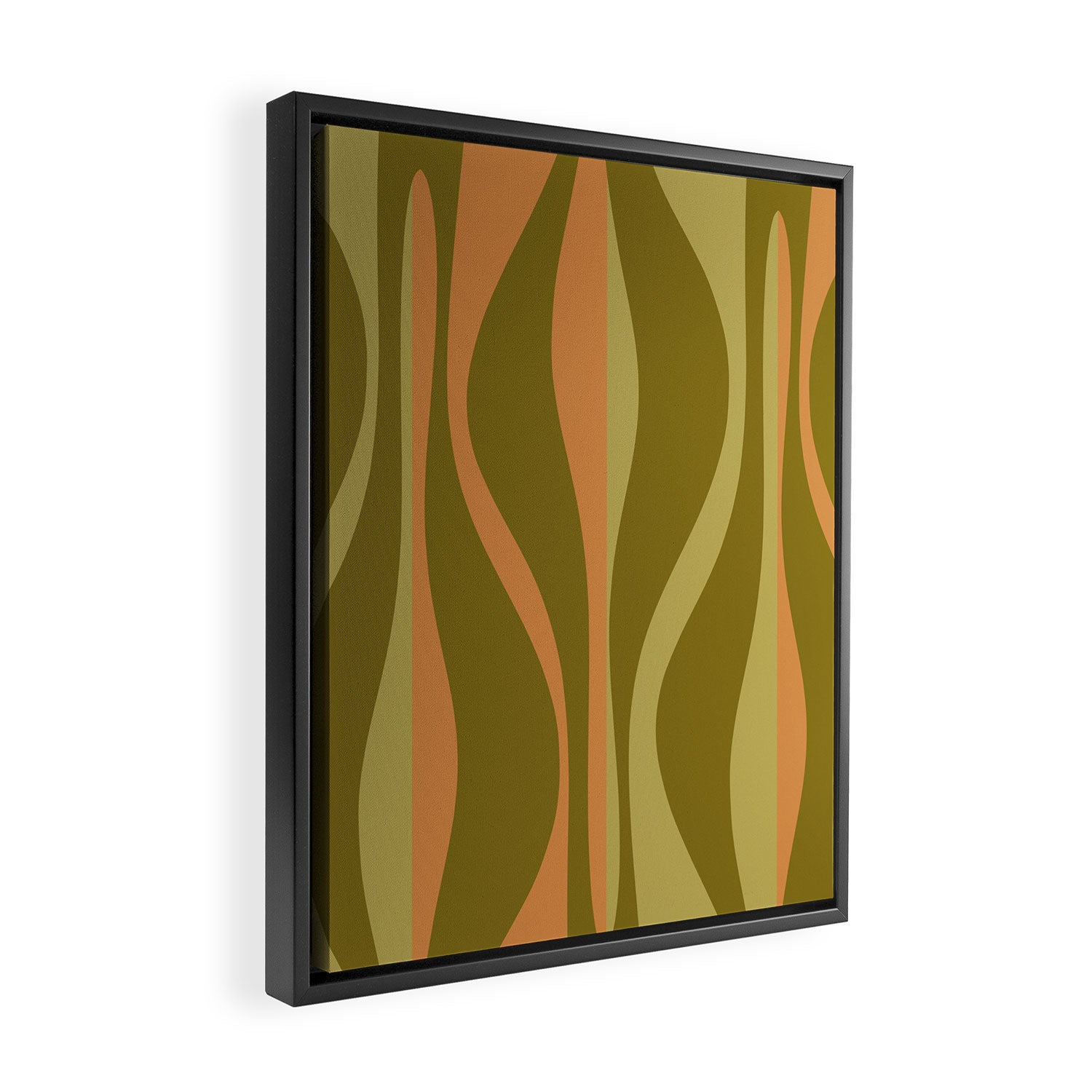 Mid Century Modern Retro Lounge Striped Ogee Pattern Avocado Green and Cantaloupe Orange Framed Canvas Print Gallery Image 2