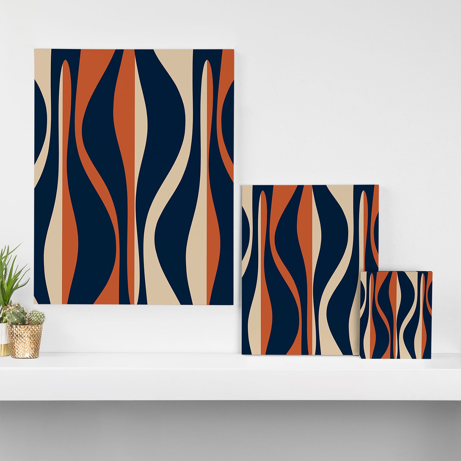 Mid Century Modern Retro Lounge Striped Ogee Pattern in Midcentury Navy Blue, Spiced Orange, and Beige Canvas Print Gallery Image 3