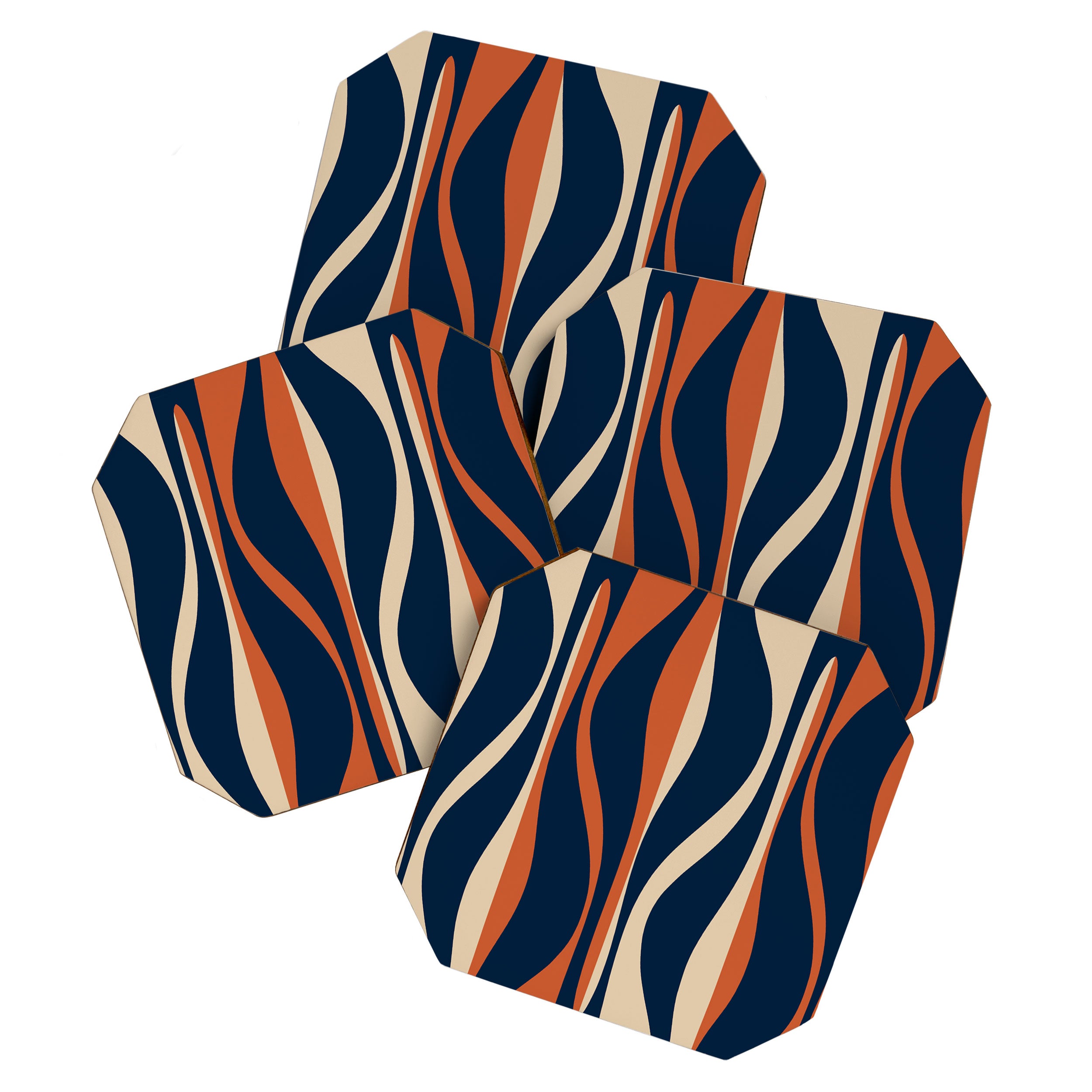 Mid Century Modern Retro Lounge Striped Ogee Pattern in Midcentury Navy Blue, Spiced Orange, and Beige Coaster Gallery Image 1