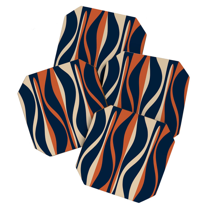 Mid Century Modern Retro Lounge Striped Ogee Pattern in Midcentury Navy Blue, Spiced Orange, and Beige Coaster Gallery Image 1