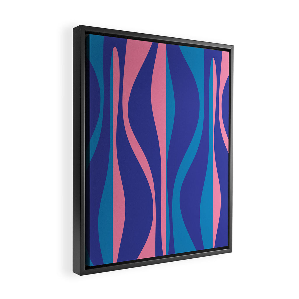 Mid Century Modern Retro Lounge Striped Ogee Pattern in Modtastic Blue and Pink Framed Canvas Print Gallery Image 2