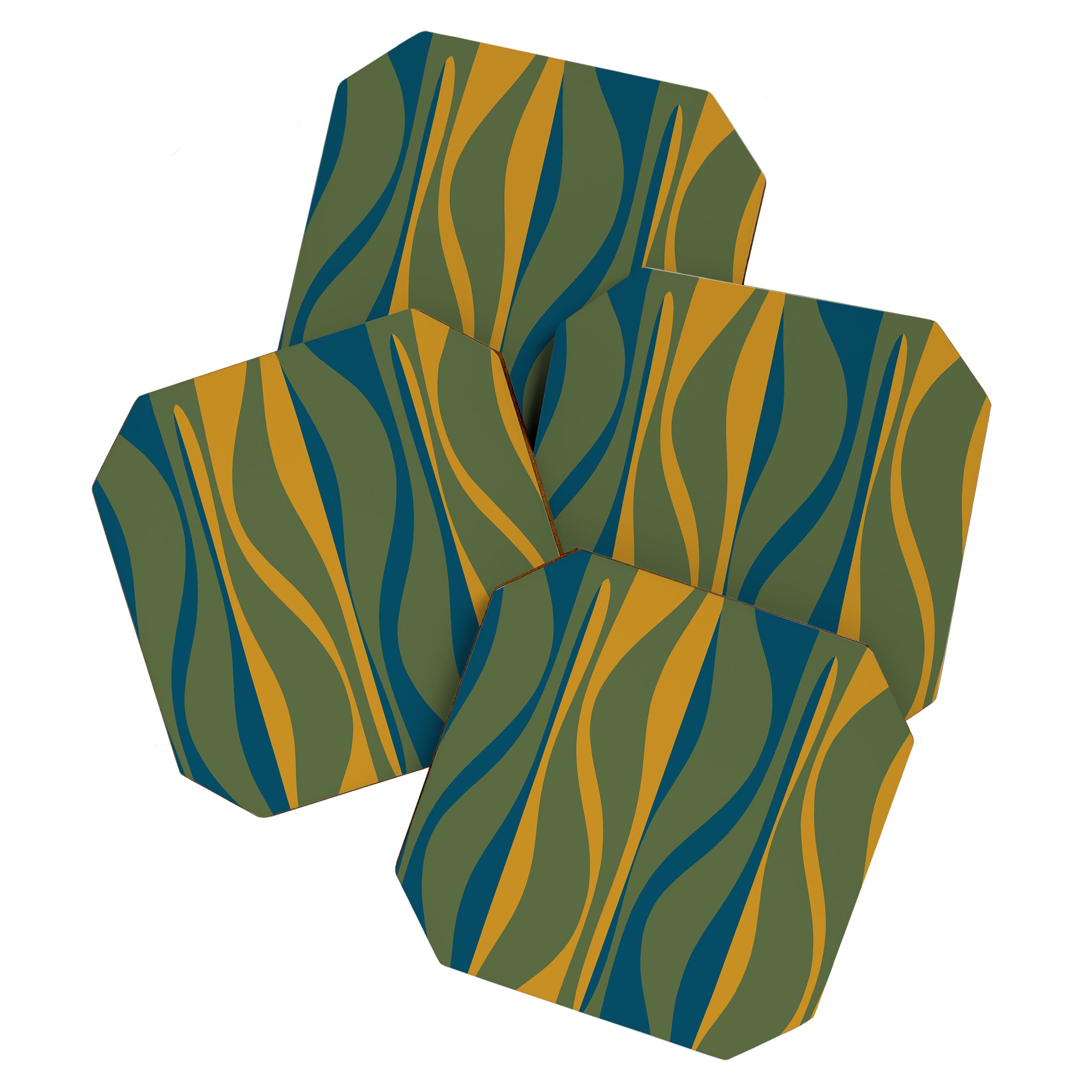 Mid Century Modern Retro Lounge Striped Ogee Pattern in Moroccan Blue Olive Green Ochre Coaster Gallery Image 1