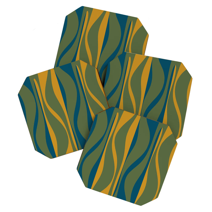 Mid Century Modern Retro Lounge Striped Ogee Pattern in Moroccan Blue Olive Green Ochre Coaster Gallery Image 1