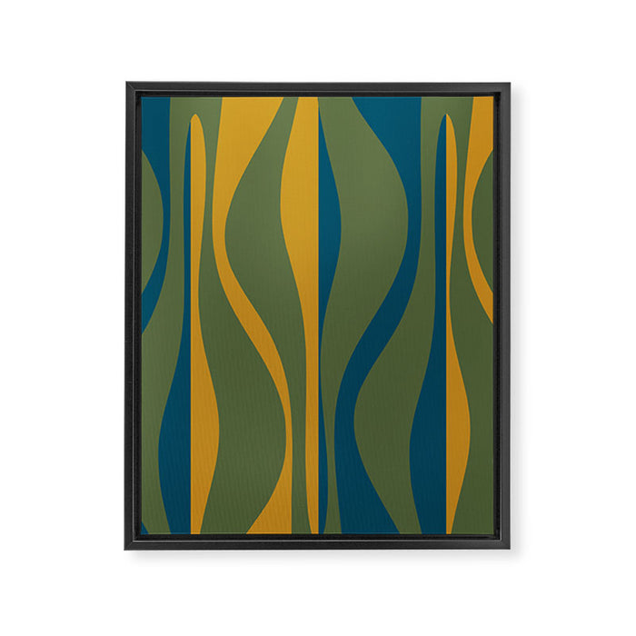 Mid Century Modern Retro Lounge Striped Ogee Pattern in Moroccan Blue Olive Green Ochre Framed Canvas Print Gallery Image 1