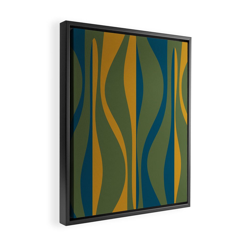 Mid Century Modern Retro Lounge Striped Ogee Pattern in Moroccan Blue Olive Green Ochre Framed Canvas Print Gallery Image 2