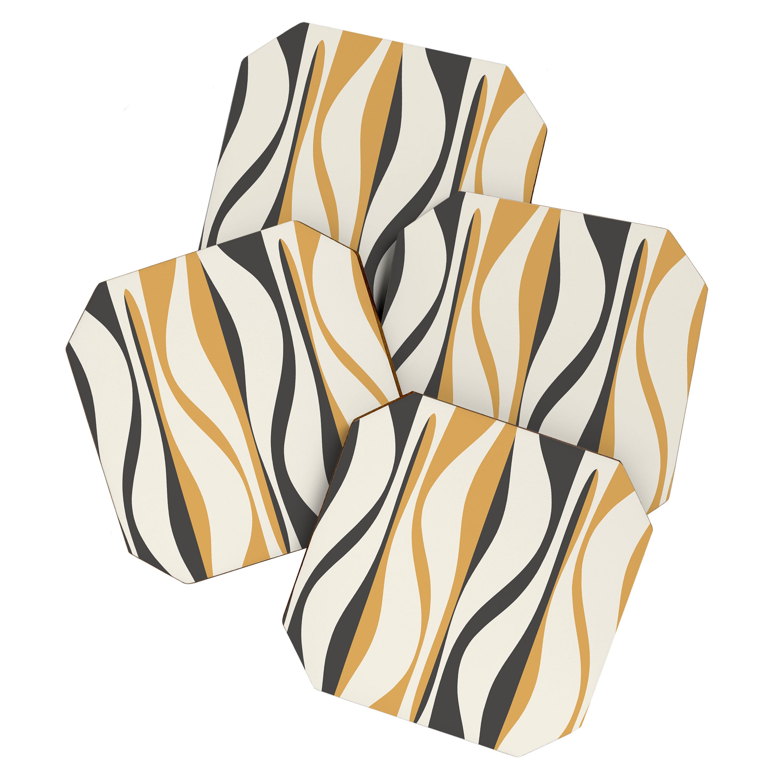 Mid Century Modern Retro Lounge Striped Ogee Pattern in Muted Mustard Gold, Charcoal Gray, and Cream Coaster Gallery Image 1