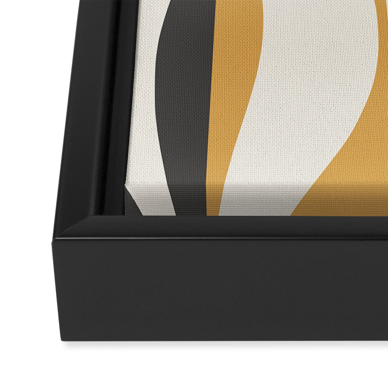 Mid Century Modern Retro Lounge Striped Ogee Pattern in Muted Mustard Gold, Charcoal Gray, and Cream Framed Canvas Print Gallery Image 3