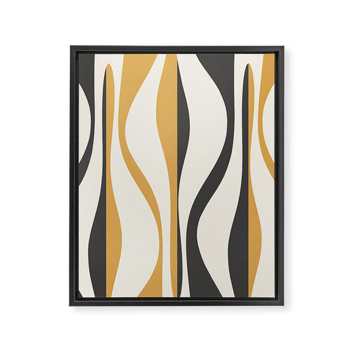 Mid Century Modern Retro Lounge Striped Ogee Pattern in Muted Mustard Gold, Charcoal Gray, and Cream Framed Canvas Print Gallery Image 1