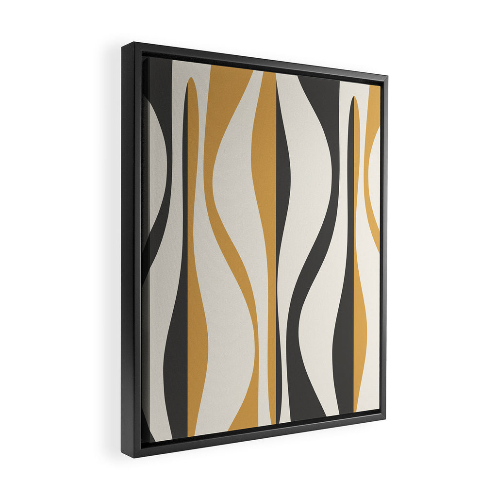 Mid Century Modern Retro Lounge Striped Ogee Pattern in Muted Mustard Gold, Charcoal Gray, and Cream Framed Canvas Print Gallery Image 2