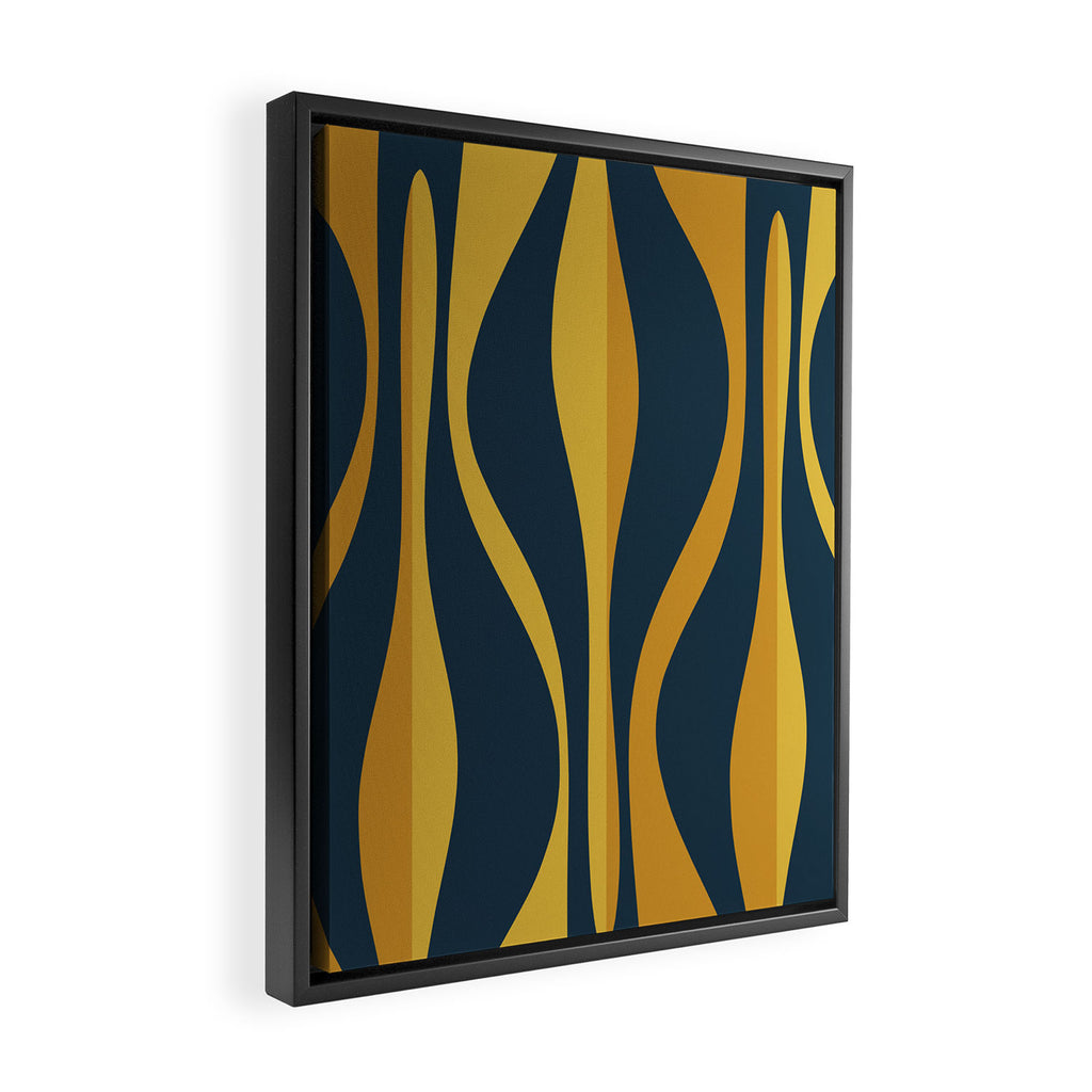Mid Century Modern Retro Lounge Striped Ogee Pattern in Navy Blue and Mustard Framed Canvas Print Gallery Image 2